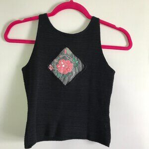 Annie B Black Stretch Form Fitting Cropped Top Rose Sequin Applique